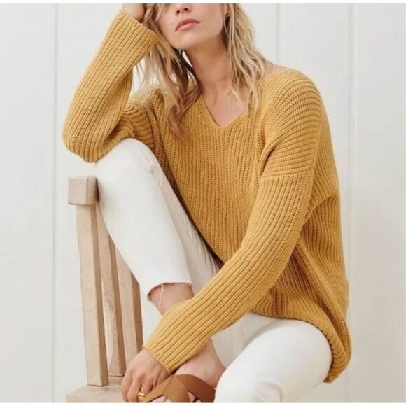 Jenni Kayne Cotton Cabin Knit Pullover Sweater Oversized Mustard Yellow Size Med - Picture 1 of 10